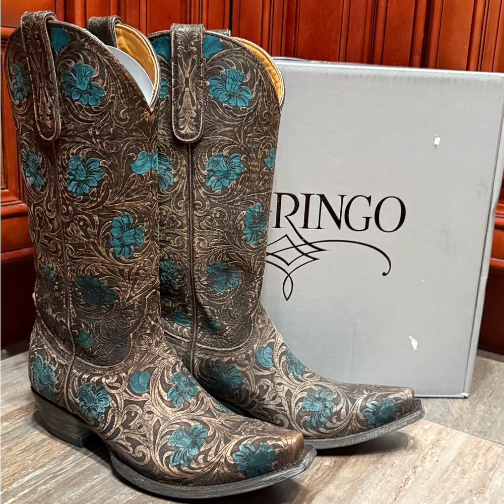 Old Gringo Cowboy Boots Edwine Turquoise Brown Floral Flower Wedding Tooled 7.5 - Picture 2 of 10